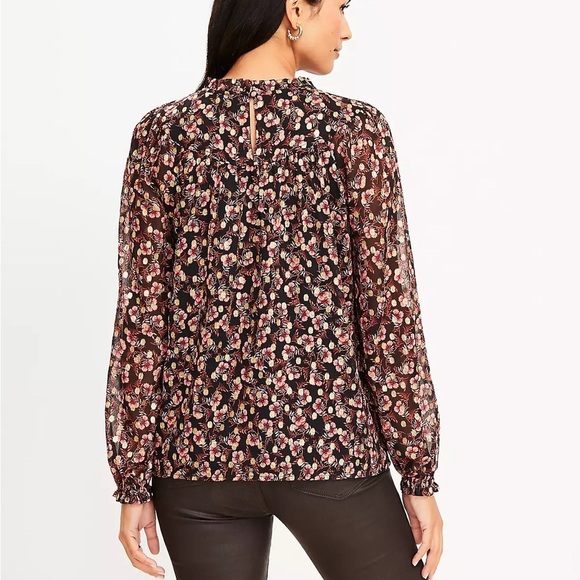 NWT Loft Shimmer Vine Pleated Yoke Blouse Black Long Sleeve Top - Picture 2 of 6